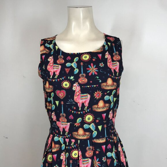 DOLLZ & DAMES- WOMEN SMALL ~ NAVY WESTERN LLAMA CACTUS PLEATED RETRO DRESS - Picture 2 of 7